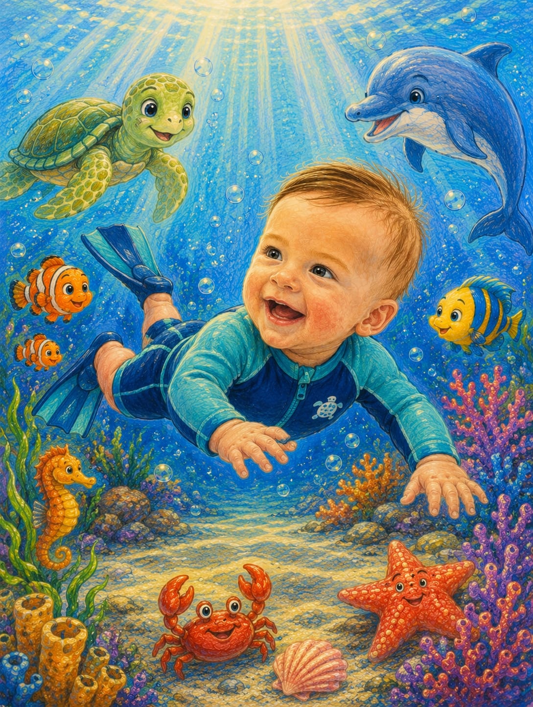 Ilustração do fundo do mar com tartaruga, golfinho, peixinhos, estrela-do-mar e corais